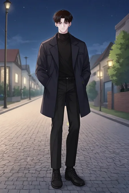 score_9, score_8_up, score_7_up,score_6_up,score_5_up,score_4_up,source_anime,BREAK, rating_safe, intricate details , , , anime screencap, anime coloring, official style, depth of field,1boy, solo, male focus , , ,<lora:goo_yoon_won:0.79>,goo yoon won,black hair,grey eyes,short hair,bangs,hair between eyes,parted bangs,scar,looking at viewer, shirt, long sleeves, closed mouth, standing, full body, open clothes, shoes, pants,black footwear, coat, black shirt,black pants,black coat,scar on face,earring,turtleneck, piercing,right ear bare,walk,open coat,outdoors,night,sky,from below, , , <lora:sdxl_lightning_8step_lora_315544:1>