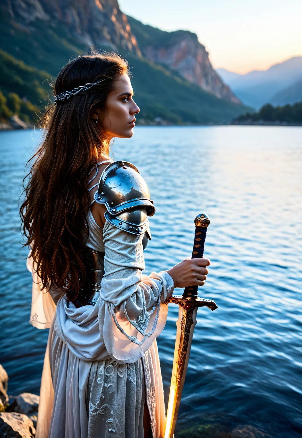 CyberRealisticPony_POSV1 score_9, score_8_up, score_7_up, Lady of the Lake, standing waist-deep in a glowing lake at dawn, surrounded by early morning mist, ethereal lighting, long flowing silver-white hair, delicate elven facial features, pale porcelain skin, glowing eyes with soft light, wearing a sheer flowing robe of translucent white fabric, magical aura surrounding her, water ripples and shimmering reflections, mysterious and divine atmosphere, Avalon-inspired landscape in the background, cinematic fantasy realism, high detail, volumetric light, ultra-detailed, SDXL style, depth-of-field, fine texture in fabric, intricate jewelry with celtic and druidic motifs, epic atmosphere