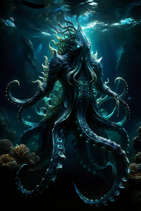 A colossal underwater beast, reminiscent of the creature from Aquaman, with enormous tentacles and bioluminescent patterns. The creature is surrounded by an eerie, deep-sea environment with dark blue and green hues, illuminated by the faint glow of its bioluminescence. The beast's eyes are glowing, and its massive body is covered in intricate scales and otherworldly textures. The scene is dynamic and cinematic, capturing the power and majesty of this mythical underwater creature. Highly detailed, photorealistic, epic, fantasy art style, 4K resolution.
<lora:ral-mtclniscp-sdxl:0.75> ral-mtclniscp,
<lora:add-detail-xl:0.75>,
<lora:EnvyBetterHiresFixXL01:1.0>,
<lora:extremely_detailed:0.75>, extremely detailed,
<lora:gorgoeus_splash_of_vibrant_paint:1.0> Gorgeous splash of vibrant paint,