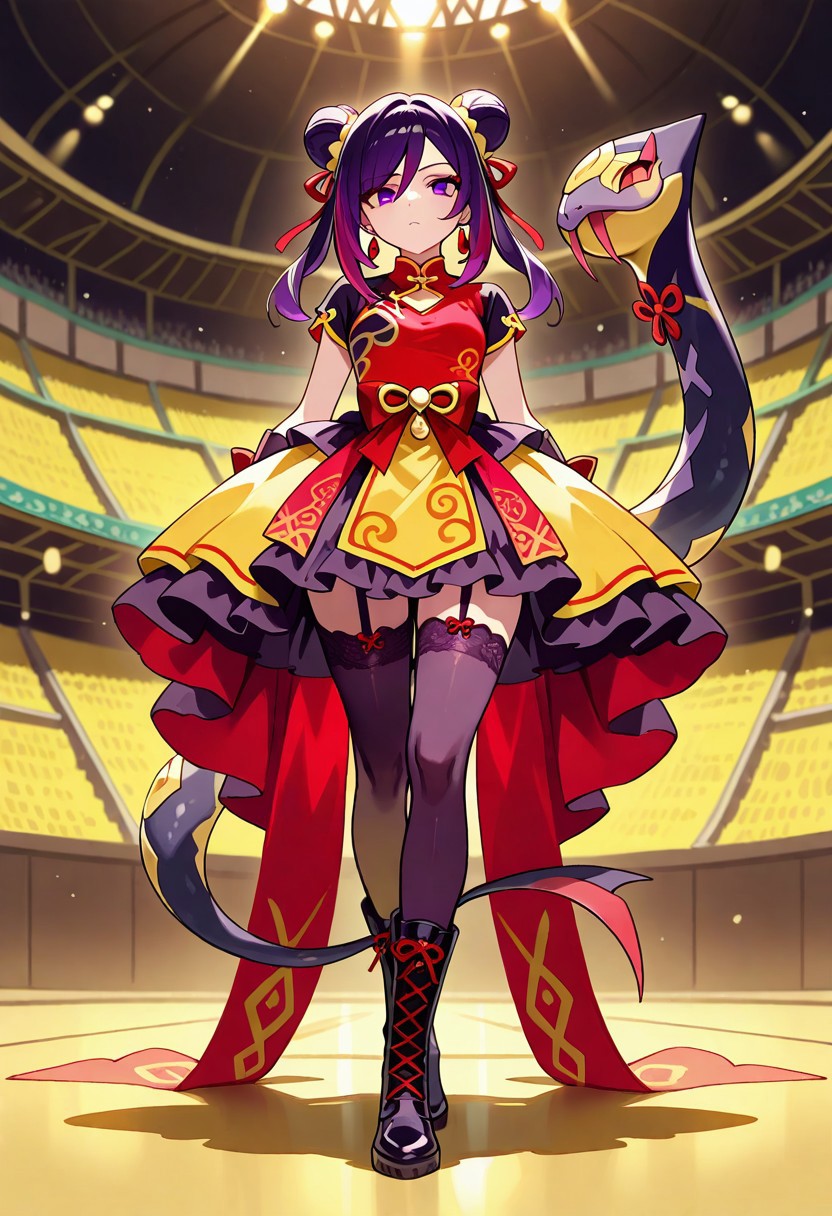 (masterpiece, best quality, high quality, highres), very awa, highres, absurdres, intricate detailed,
genshin impact, 
1girl, seviper, solo, full body, standing,
magical girl, Chinese dress, complex outfit,
red dress, (dark purple black:1.3), (mustard yellow dress:1.1), ribbons, lace, multicolored dress, ornament on dress, stockings, lace-up boots,
arena  background,