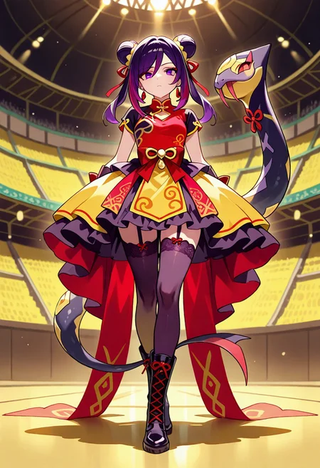 (masterpiece, best quality, high quality, highres), very awa, highres, absurdres, intricate detailed,
genshin impact, 
1girl, seviper, solo, full body, standing,
magical girl, Chinese dress, complex outfit,
red dress, (dark purple black:1.3), (mustard yellow dress:1.1), ribbons, lace, multicolored dress, ornament on dress, stockings, lace-up boots,
arena  background,