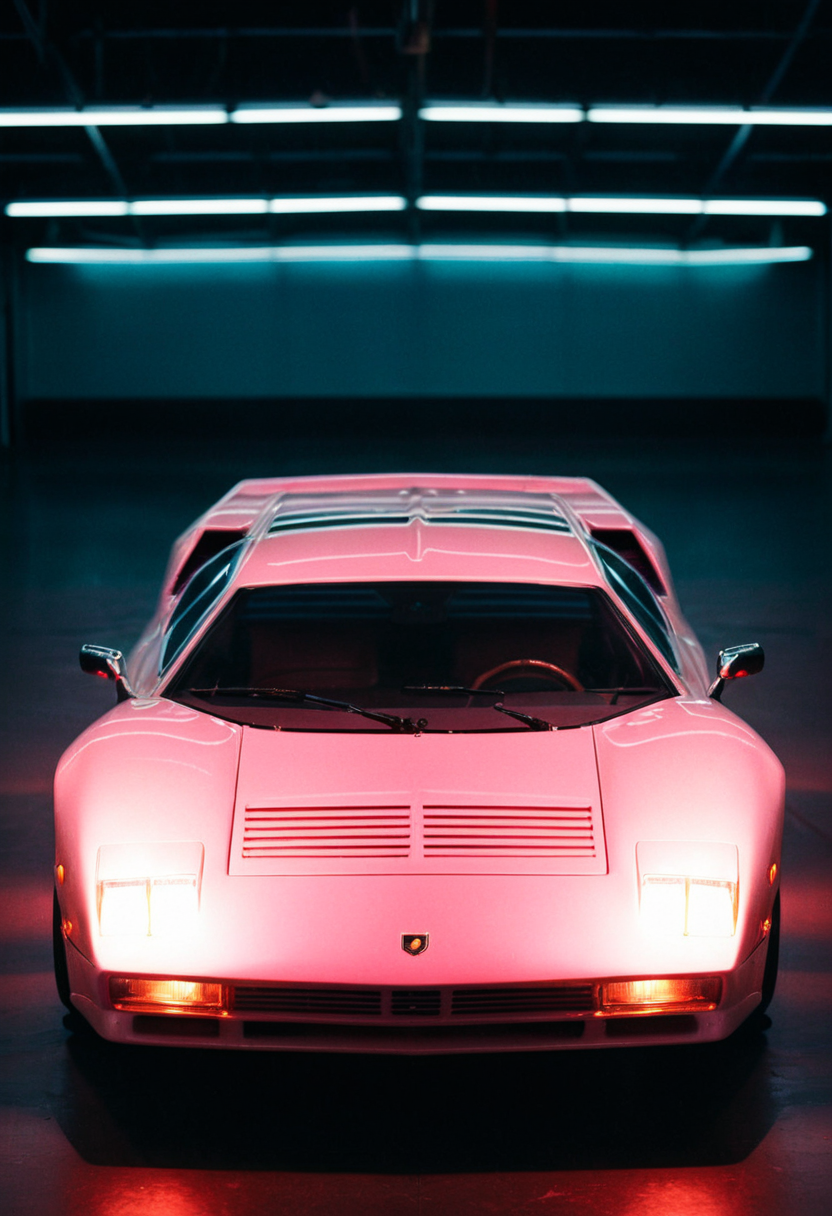 ClassicSportsCar, gleaming prototype, symmetrical front view, bright headlights, neon lights, glass background, light reflections, 4K, highly detailed, (stylish grainy analog 35mm film photo:1.2)