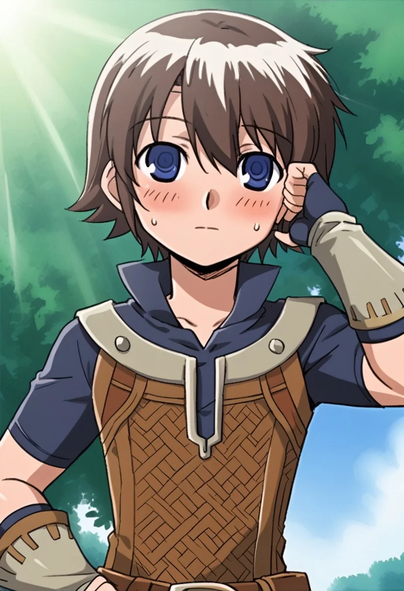 raguna, brown hair, short hair, bangs, blue eyes, looking up, shaded face, blush, sweatdrop, circlet, collared shirt, leather tunic, work gloves, fingerless gloves, arm up, shading eyes, hand on hip, upper body, male focus, solo, outdoors, day, bright sunlight