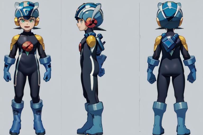 (masterpiece, official art, simple background), best quality, 1boy, solo, chara-sheet, megaman, (blue footwear, boots), (blue headwear, helmet), (indigo bodysuit:1.5), covered collarbone, yellow pauldron, full body, blue gloves, green eyes, looking at viewer, male focus, open mouth, smile, solo, standing, muscular, large pectorals, thick thighs