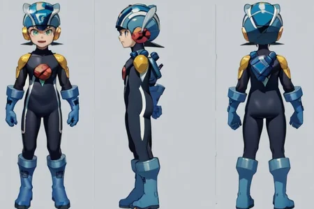 (masterpiece, official art, simple background), best quality, 1boy, solo, chara-sheet, megaman, (blue footwear, boots), (blue headwear, helmet), (indigo bodysuit:1.5), covered collarbone, yellow pauldron, full body, blue gloves, green eyes, looking at viewer, male focus, open mouth, smile, solo, standing, muscular, large pectorals, thick thighs