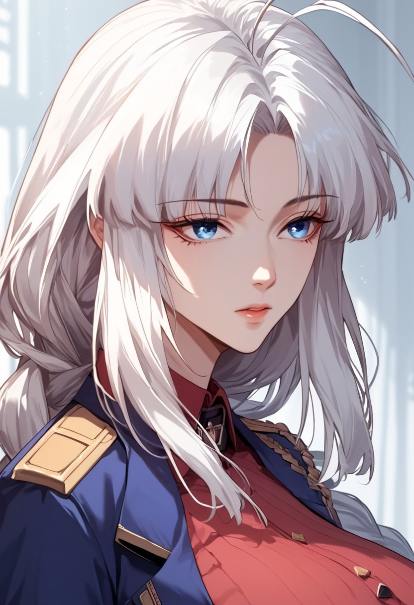 score_9, score_8_up, score_7_up, source_anime, Expressiveh,
dongqingxue, 1girl, solo, white hair, very long hair, sidekicks, blue eyes, parted bangs, large breasts, antenna hair, single braid, red shirt, military uniform, blue skirt,portrait, facing viewer
