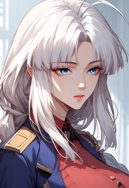 score_9, score_8_up, score_7_up, source_anime, Expressiveh,
dongqingxue, 1girl, solo, white hair, very long hair, sidekicks, blue eyes, parted bangs, large breasts, antenna hair, single braid, red shirt, military uniform, blue skirt,portrait, facing viewer