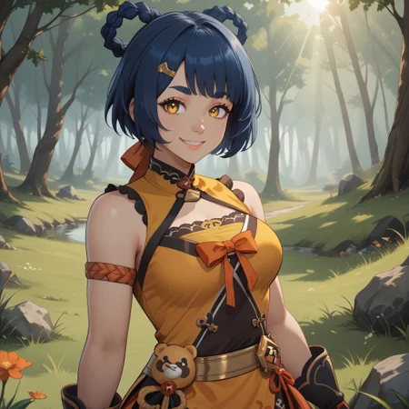 score_9, score_8, BREAK, solo, xiangling \(genshin impact\), orange thigh brace, dark blue hair, yellow eyes,hair ornament, hair rings, braid, chinese clothes, hairclip, dress, short hair, bangs, sleeveless, bare shoulders, dot eyebrows, sexy pose, self portrait, smile, looking at viewer, outdoors, sunlight, shadows, evening lighting, natural lighting, forest, trees, grass, orange sky, sunset