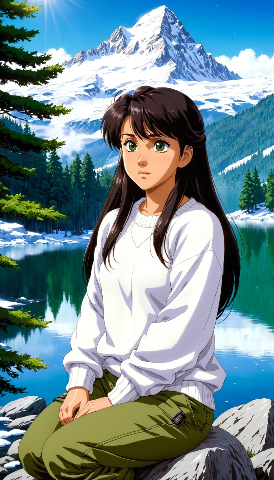 <lora:Urushihara Satoshi_XL_V2:0.7>
2D anime style, anime screencap, a young woman with long dark hair and tanned skin, wearing a white sweater and green cargo pants, sitting on a rock by a tranquil mountain lake. She has a serene expression, with the clear lake reflecting the snow-capped mountains and evergreen trees in the background. The sky is bright blue with a few fluffy clouds, creating a peaceful and picturesque scene. High detail and complexity, vibrant colors, dynamic lighting, immersive atmosphere