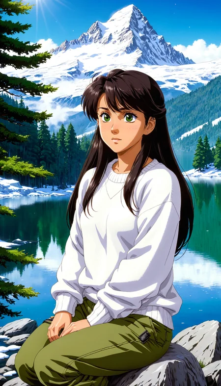 <lora:Urushihara Satoshi_XL_V2:0.7>
2D anime style, anime screencap, a young woman with long dark hair and tanned skin, wearing a white sweater and green cargo pants, sitting on a rock by a tranquil mountain lake. She has a serene expression, with the clear lake reflecting the snow-capped mountains and evergreen trees in the background. The sky is bright blue with a few fluffy clouds, creating a peaceful and picturesque scene. High detail and complexity, vibrant colors, dynamic lighting, immersive atmosphere