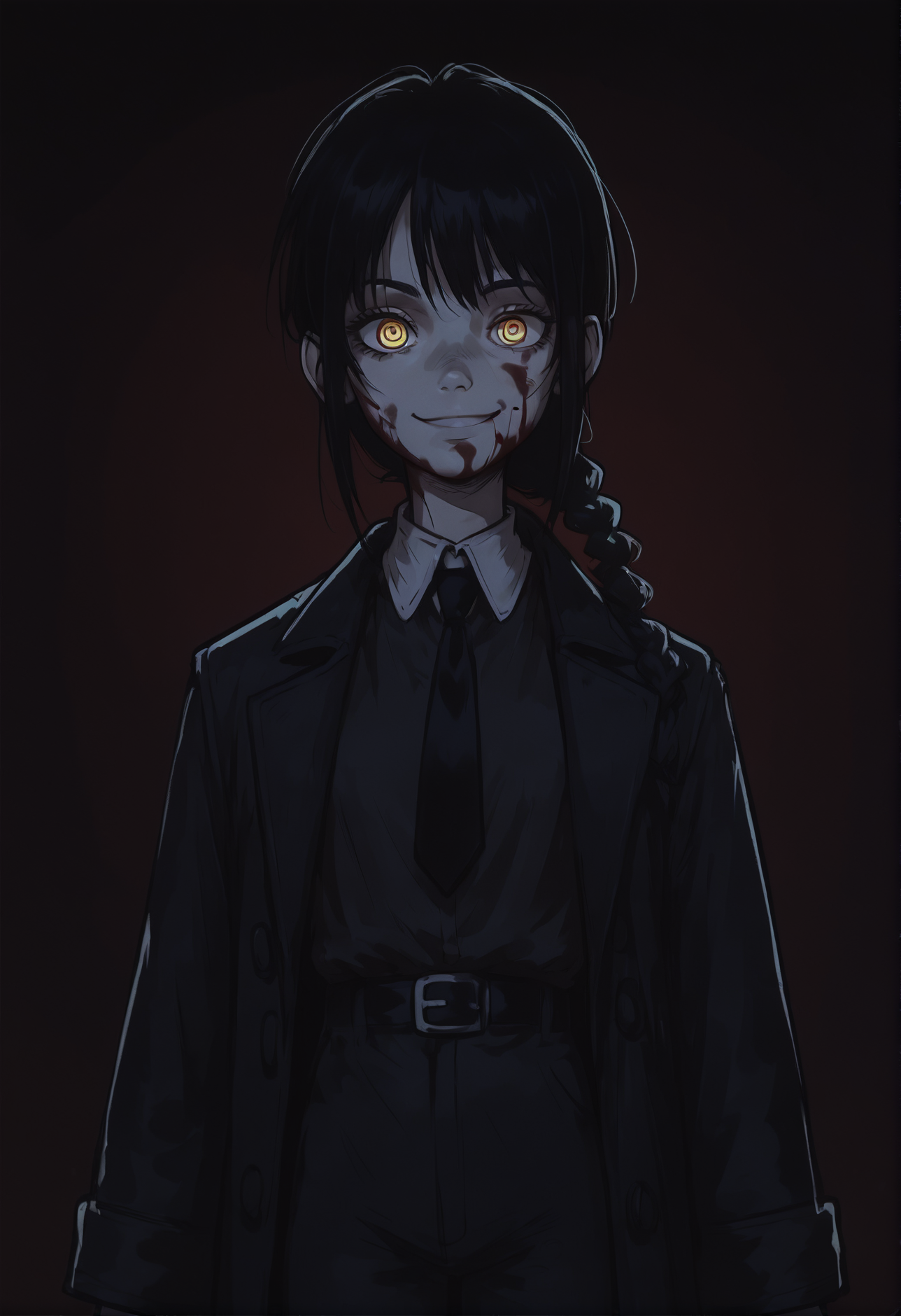 (score_9, score_8_up), score_7_up, score_6_up, score_5_up, score_4_up, Nayuta, 1girl, ringed eyes, black hair, yellow eyes, best quality, young, black coat, open coat, trench coat, white collar shirt, black necktie, black pants, black belt, red background, creepy, grain, blood on face, smile, medium hair, single braid, glowing eyes, <lora:Nayuta_CSM_XL_Pony:1> <lora:Smooth Night Style SDXL_LoRA_Pony Diffusion V6 XL:0.8> dark theme, low light,