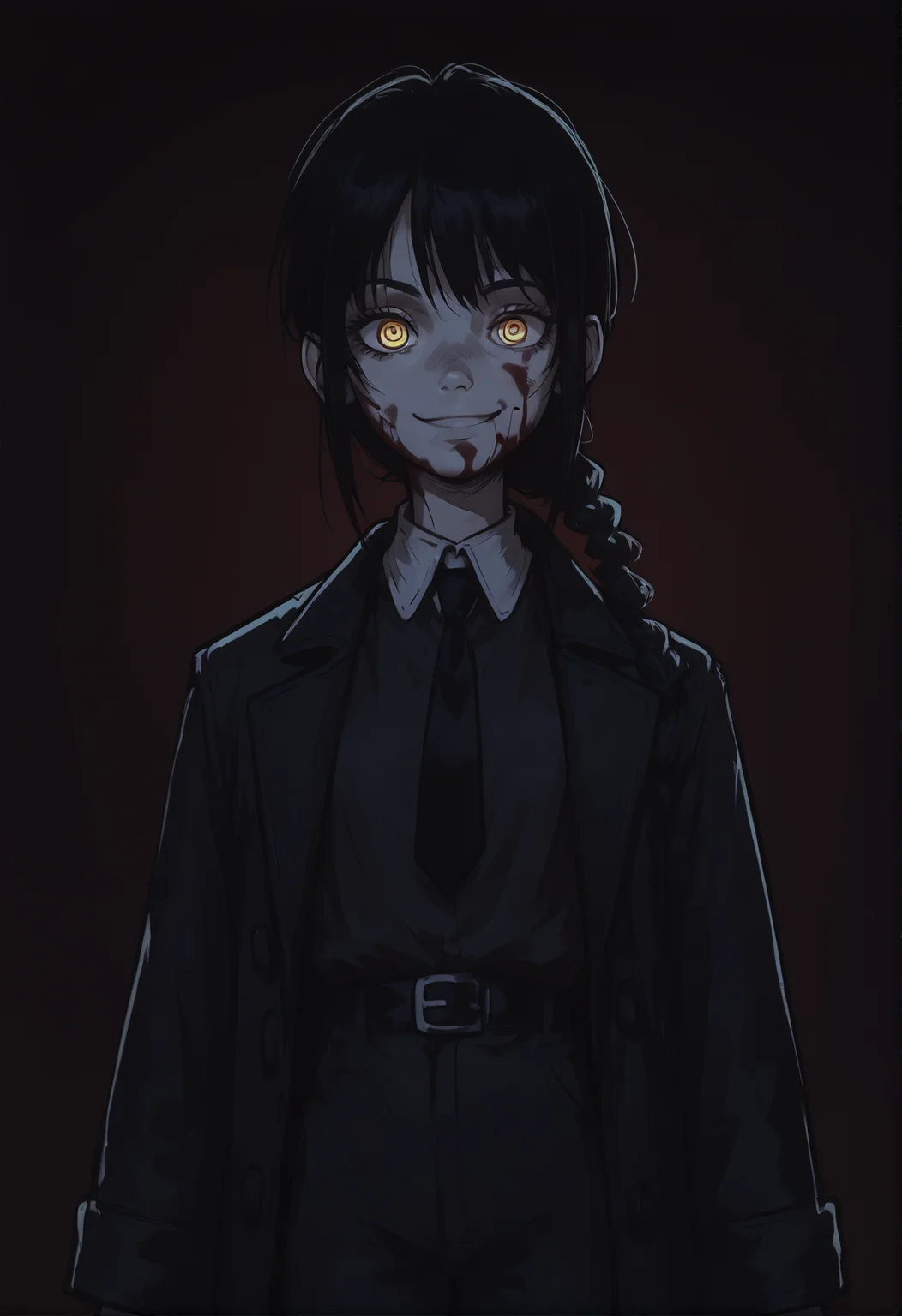 (score_9, score_8_up), score_7_up, score_6_up, score_5_up, score_4_up, Nayuta, 1girl, ringed eyes, black hair, yellow eyes, best quality, young, black coat, open coat, trench coat, white collar shirt, black necktie, black pants, black belt, red background, creepy, grain, blood on face, smile, medium hair, single braid, glowing eyes, <lora:Nayuta_CSM_XL_Pony:1> <lora:Smooth Night Style SDXL_LoRA_Pony Diffusion V6 XL:0.8> dark theme, low light,