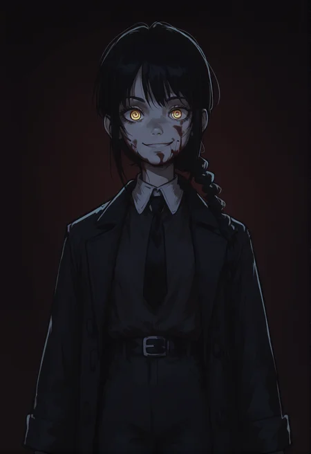 (score_9, score_8_up), score_7_up, score_6_up, score_5_up, score_4_up, Nayuta, 1girl, ringed eyes, black hair, yellow eyes, best quality, young, black coat, open coat, trench coat, white collar shirt, black necktie, black pants, black belt, red background, creepy, grain, blood on face, smile, medium hair, single braid, glowing eyes, <lora:Nayuta_CSM_XL_Pony:1> <lora:Smooth Night Style SDXL_LoRA_Pony Diffusion V6 XL:0.8> dark theme, low light,