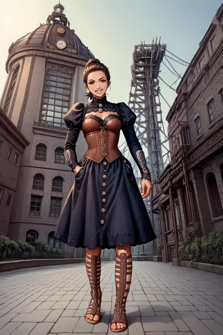 score_9, score_8_up, score_8, score_7_up, source_anime,
1girl, katou megumi, Megumi <lora:KatoMegumi:1>,brown hair,katou megumi,brown eyes, medium breasts , short hair, ponytail ,masterpiece, best quality, steampunk theme, victorian cityscape background, wearing a detailed steampunk dress with brass and leather accents, intricate corset, puffed sleeves, lace gloves, goggles resting on her head, holding a small pocket watch, standing near a steam-powered contraption, gears and pipes in the foreground, warm sepia tones, soft sunlight breaking through clouds, gentle smile, elegant pose, side-angle perspective, detailed textures, cinematic atmosphere, intricate mechanical elements, Gladiator Sandals