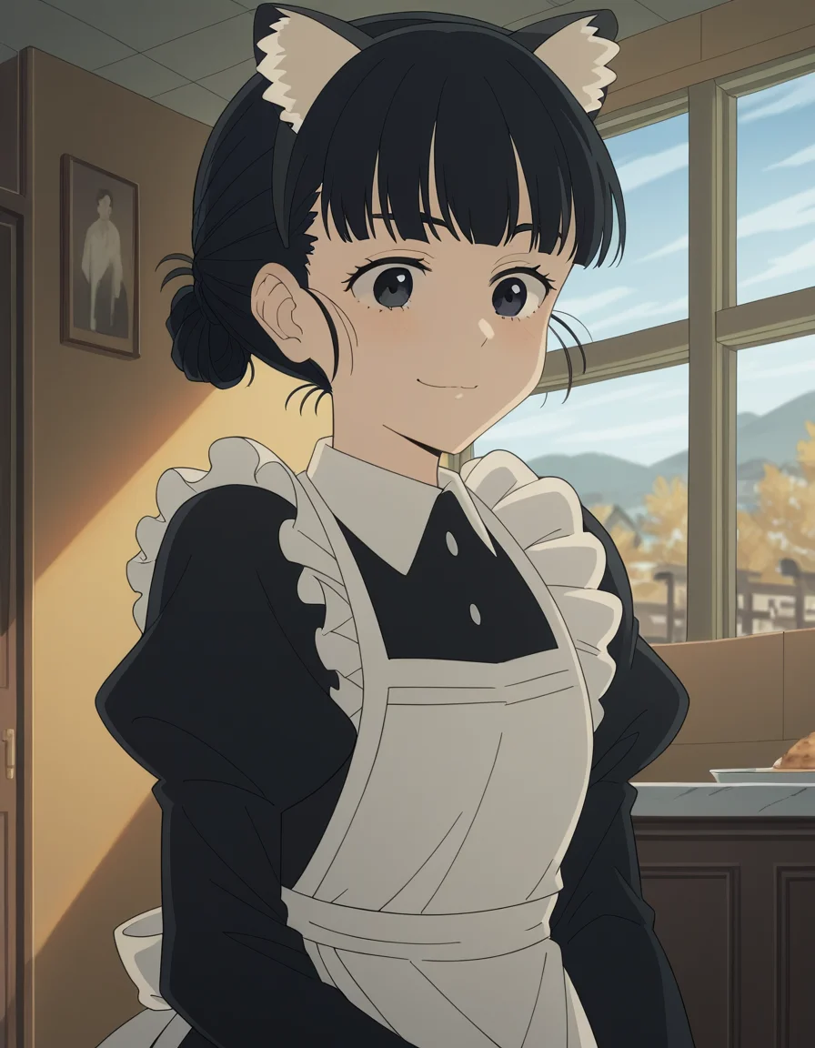score_9, score_8_up, score_7_up, source_anime, <lora:tiara-basori-s1-ponyxl-lora-nochekaiser:1>, tiara basori, bangs, black hair, hair bun, black eyes, single hair bun,, skirt, long sleeves, animal ears, puffy sleeves, cat ears, apron, black dress, maid, fake animal ears, juliet sleeves, maid apron, museum, art exhibit, paintings, observing, quiet contemplation, cultural experience, , , smile, solo,, cowboy shot, dutch angle