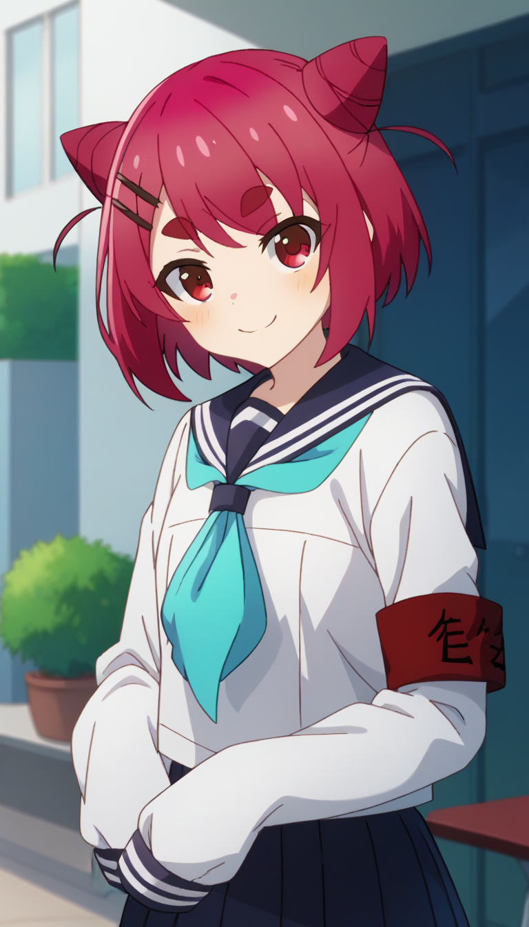 score_9,score_8_up,score_7_up,score_6_up BREAK official art,solo,outdoors,upper body,(portrait:1.5),looking at viewer,facing viewer,smile,blush,Nekoyamada Neko,short hair,red hair,cone hair bun,double bun,hair ornament,hairclip,bangs,short eyebrows,thick eyebrows,red eyes,school uniform,blue sailor collar,blue neckerchief,white shirt,long sleeves,sleeves past fingers,armband,blue skirt,pleated skirt,zettai ryouiki,white thighhighs,loafers,brown footwear,<lora:Nekoyamada Neko(snk)-Pony:1.6>,