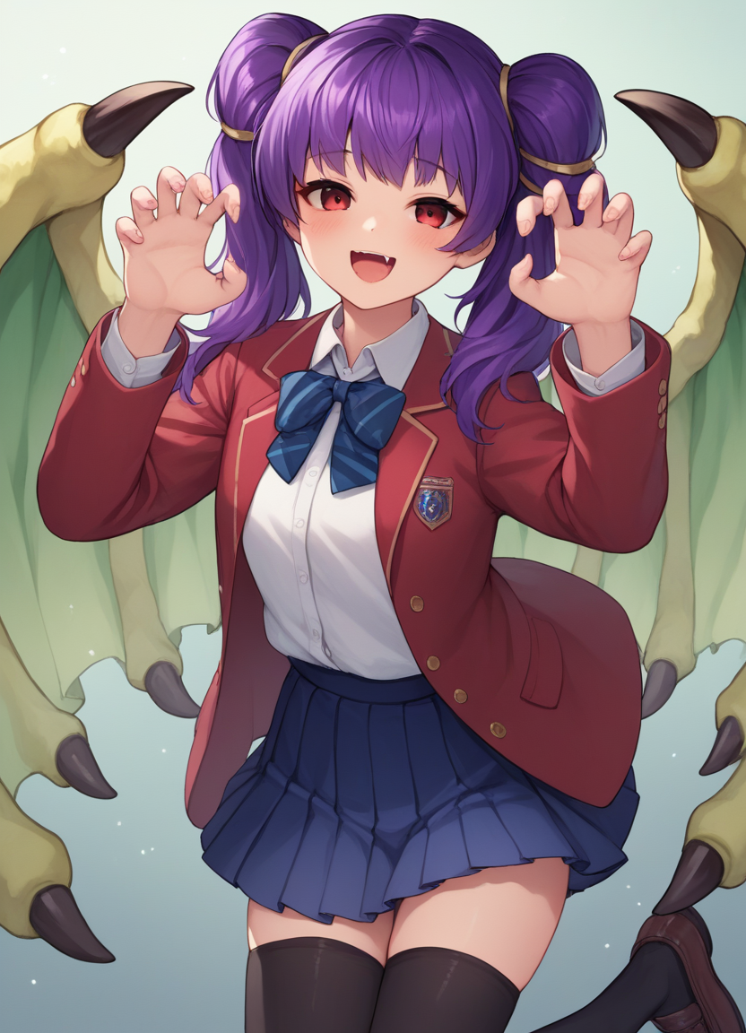 source_anime, score_9, score_8_up, score_7_up, score_6_up, score_5_up, score_4_up, 
1girl, solo, long hair, looking at viewer, blush, smile, open mouth, skirt, shirt, red eyes, thighhighs, long sleeves, animal ears, twintails, school uniform, jacket, white shirt, purple hair, pleated skirt, wings, black thighhighs, blue skirt, blazer, red jacket, dragon girl, claw pose, dragon wings, green wings, gao,
<lora:myrrhXL:1>
