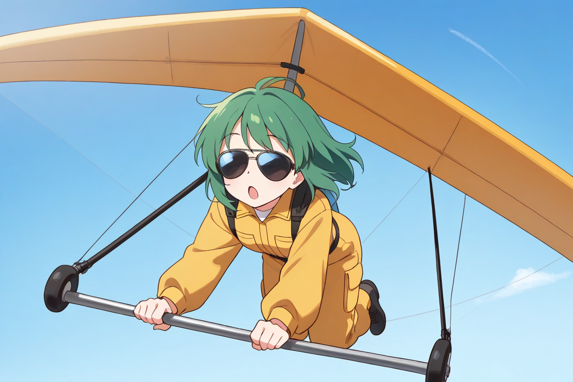 hangglider, hang_glider, 1girl, solo, green hair, medium hair, jumpsuit, aviator sunglasses, flying, sky, day, open mouth, :o