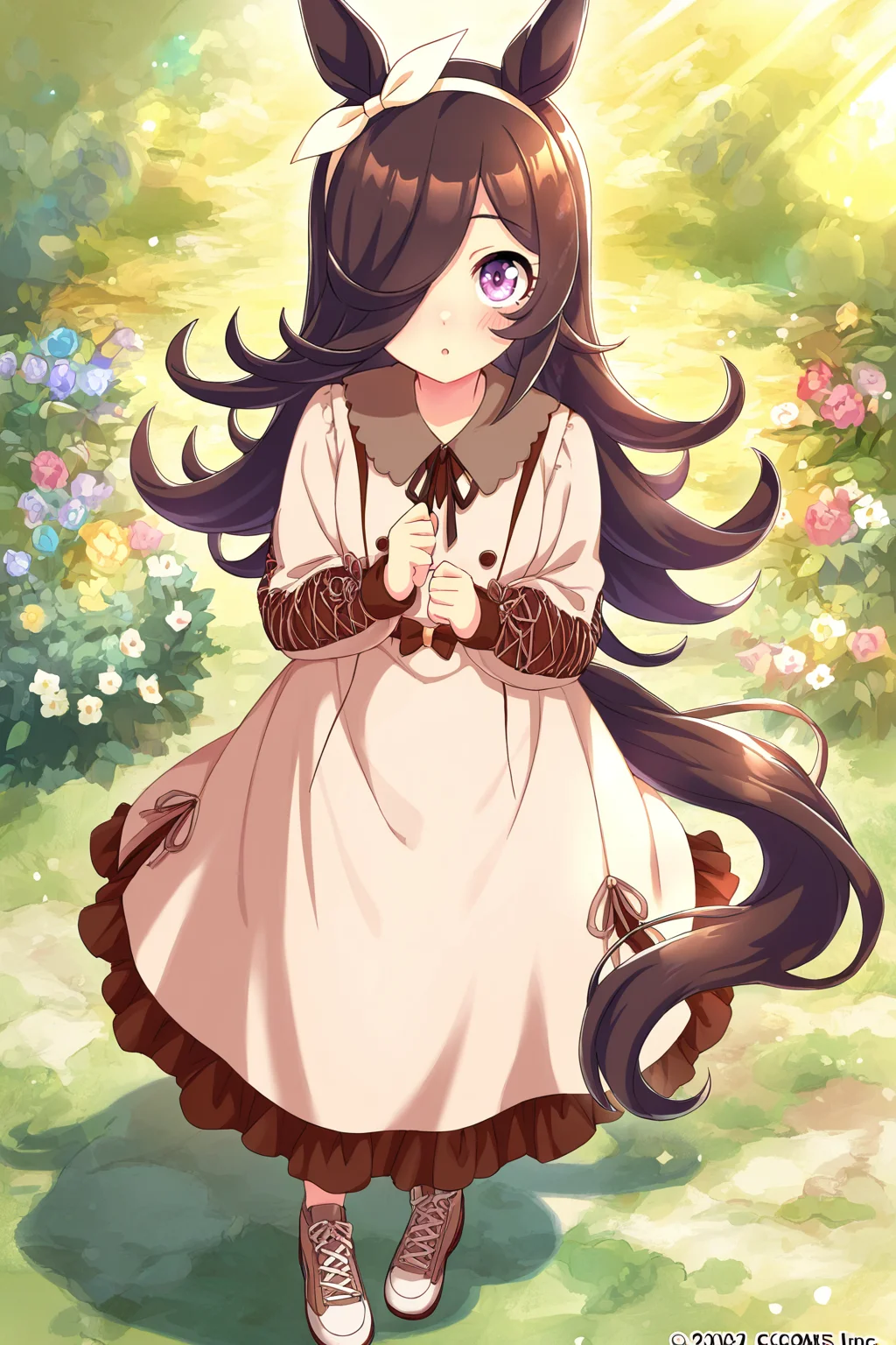 masterpiece,best quality,very aesthetic,absurdres,highres,newest,official art,official style,
1girl,solo,
rcs casual,rice shower (umamusume),
animal ears,bangs,blush,bow,brown dress,brown hair,brown ribbon,
casual,collared dress,dress,eyebrows visible through hair,frilled dress,
frills,hair bow,hair over one eye,hair ribbon,hairband,horse ears,horse girl,horse tail,
long hair,long sleeves,puffy long sleeves,puffy sleeves,ribbon,tail,violet eyes,white hairband,
standing,full body,
<lora:umamusume_rice_shower_ill_v1.0:1>,