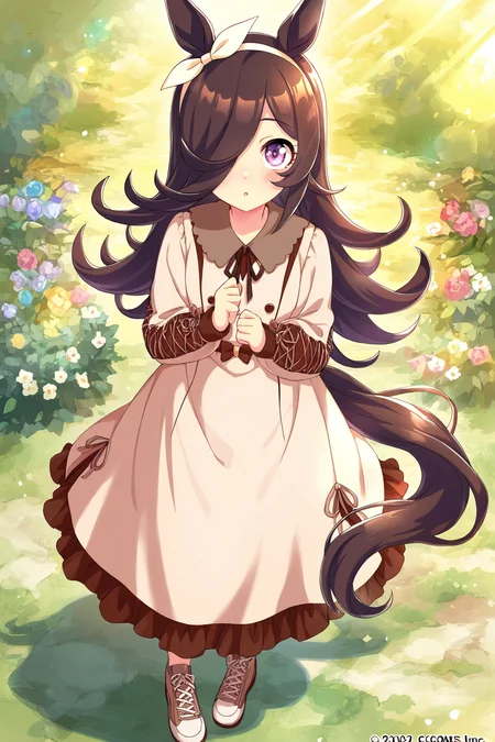 masterpiece,best quality,very aesthetic,absurdres,highres,newest,official art,official style,
1girl,solo,
rcs casual,rice shower (umamusume),
animal ears,bangs,blush,bow,brown dress,brown hair,brown ribbon,
casual,collared dress,dress,eyebrows visible through hair,frilled dress,
frills,hair bow,hair over one eye,hair ribbon,hairband,horse ears,horse girl,horse tail,
long hair,long sleeves,puffy long sleeves,puffy sleeves,ribbon,tail,violet eyes,white hairband,
standing,full body,
<lora:umamusume_rice_shower_ill_v1.0:1>,