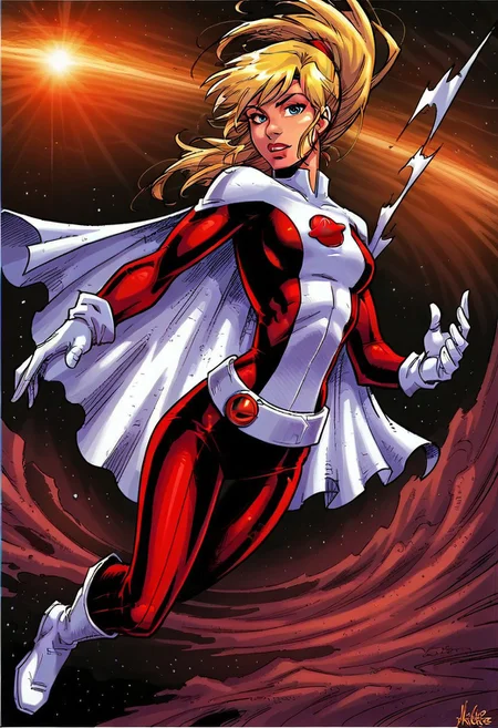 1girl, score_9, score_8_up, score_7_up, masterpiece, high quality, western cartoon, very detailed, depth of field, full color picture, vibrant colors, solo, alone,
blonde hair, long hair, ponytail, bangs, white cape, short cape, white belt, red Saturn emblem on belt, white gloves, white boots, red Saturn emblem on chest, suit2,
looking at viewer, full body, flying, action pose, dynamic pose, dynamic angle, solo, alone, masterpiece, high quality, adult, minimal background, outer space,