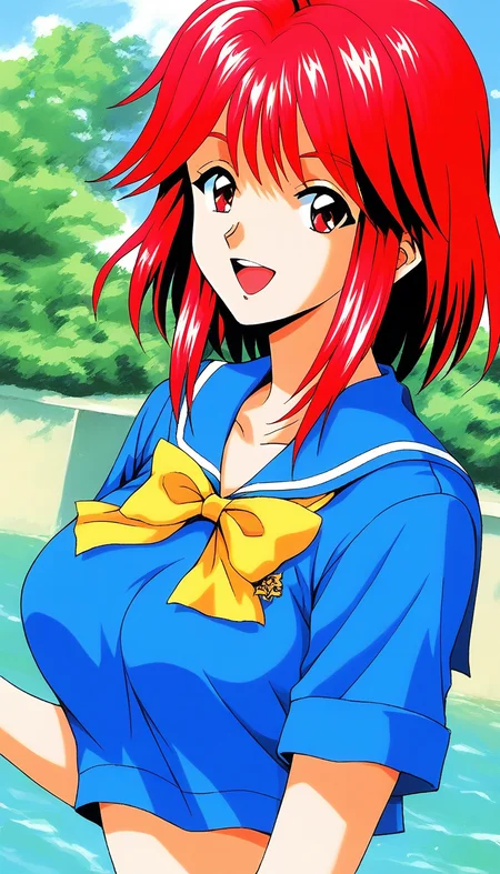 score_9, score_8_up, score_7_up, source_anime, rating_explicit, BREAK  <lora:Asahina_Yuko_XL:1> AsahinaYuko, red hair, medium hair, red eyes, bangs, sidelocks, breasts,
1girl, solo, school uniform, open mouth, smile, looking at viewer, transparent background, serafuku, sailor collar, portrait, blue sailor collar, 1990s (style), yellow bow, 
looking at viewer,  shirt, blue shirt,
outdoor, day, sky,