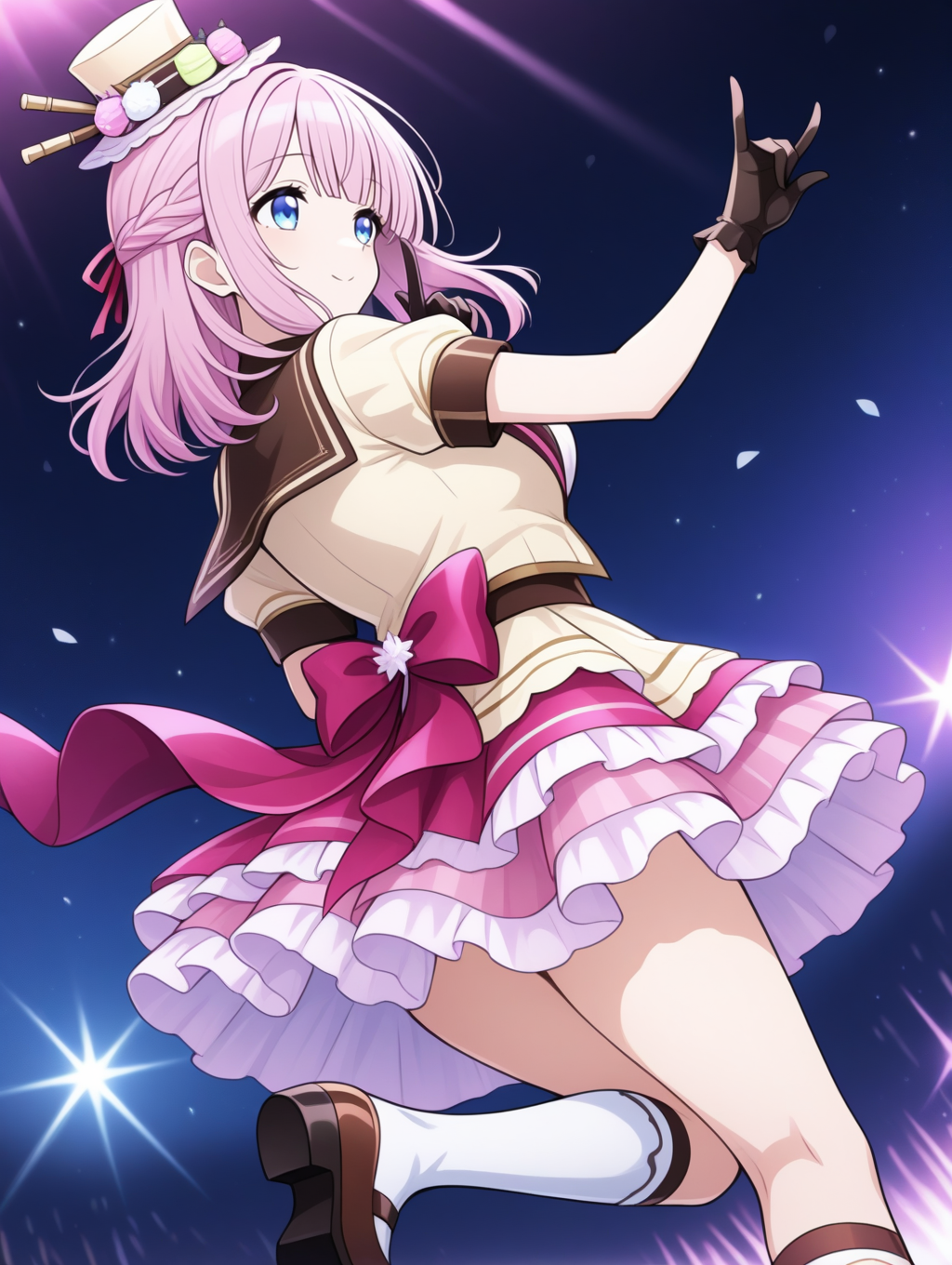 perfect quality,best quality,absolutely eye-catching,ambient occlusion,raytracing BREAK
1girl,<lora:miki utahosi IL v1.1:0.8>,utahosi,pink hair,medium hair,blue eyes,hat,hair ornament,idol,alternate costume,short sleeves,frilled skirt,kneehighs,mary janes,black gloves,solo,, from behind, looking away,medium_shot,leaning_back,double_fox_shadow_puppet,shushing,hand_between_legs,
