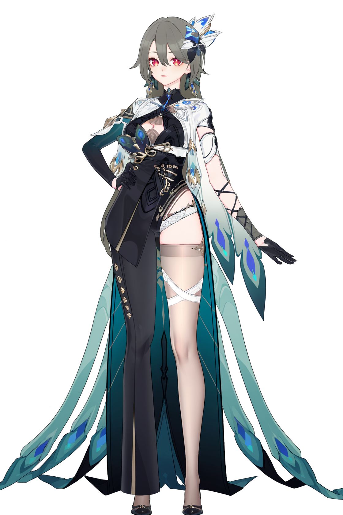 8k, best quality, masterpiece, (ultra-detailed), (high detailed skin), (by nanoless, by misumi \(macaroni\):0.25), 
full body, full shot, standing, looking at viewer, (solo:1.2), simple background, white background, hand on own hip, solo, 
<lora:vita-atw2-Tanger:0.8>, vita, default clothes, 1girl, hair ornament, long hair, dress, single black glove, bangs, asymmetrical gloves, black footwear, breasts, red eyes,   earrings, single thighhigh, mismatched gloves, brown hair, cleavage, jewelry, hair between eyes, 
between eyes, 
A full-body portrait of a young girl, standing gracefully, pastel art style, high-key lighting, shoujo manga influence, hd quality, delicate details,
