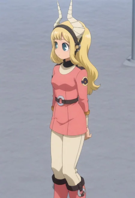 masterpiece, best quality, anime screenshot, anime, <lora:Pony_Tsunotori:1> tsunotori, blonde hair, long hair, horns, blue eyes, hairband, pink dress,long sleeves, tan pants, kneehigh boots, pink boots,