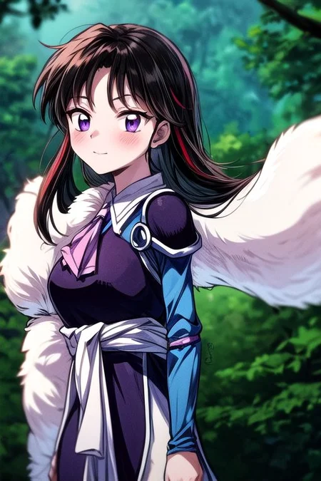 masterpiece, best quality 1girl Setsun4 solo long hair, (night time) forest background black hair very long hair purple eyes multicolored hair armor (fur trim) (medium body),<lora:EMS-179-EMS:0.800000>,<lora:EMS-293862-EMS:0.800000> bow, hair_bow, hair_tubes, red_bow, brown_hair, long_hair, bangs, ascot, frilled_bow, yellow_ascot, blush, smile, hair_between_eyes, athletic, armor, miko