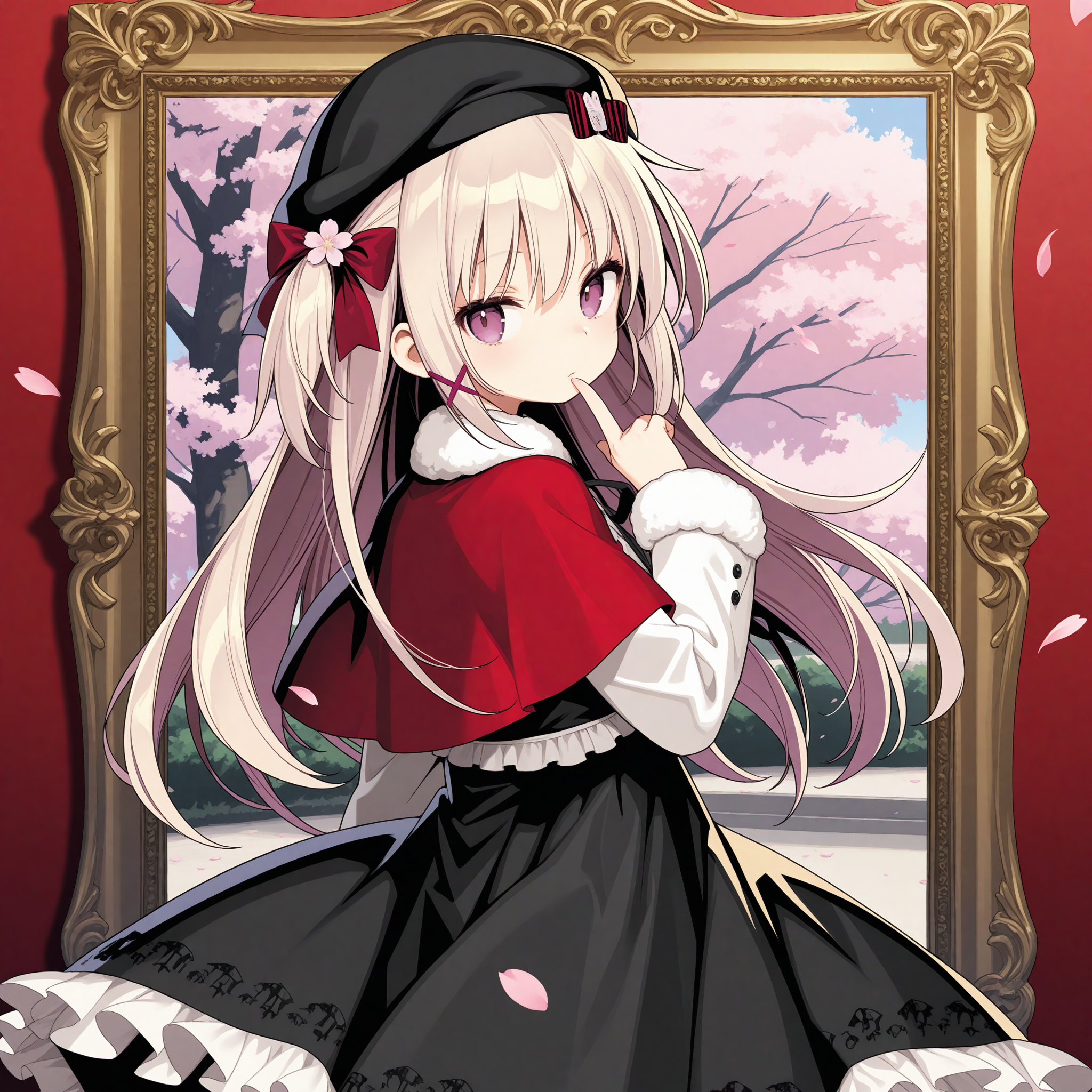 <lora:dohna_art_1_nai_Loha:1>,dohna art,
<lora:Natsume_Shizuku_Uta_1_nai:1>,Natsume Shizuku,long hair,two side up,x hair ornament,official outfit,layered dress,black dress,frilled dress,white frills,black ribbon,center frills,neck ribbon,red capelet,white sleeves,long sleeves,fur-trimmed sleeves,black hat,hair bow,red bow,hair flower,
BREAK
1girl,solo,expressionless,looking at viewer,looking back,from behind,picture frame,finger to mouth,cherry blossoms,petals,falling petals,in frame,