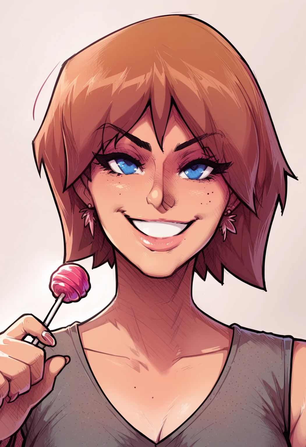 score_9, score_8_up, score_7_up, k3ll1, 1girl, earrings,portrait,sly smile,holding lollipop,tounge out,front view, <lora:k3ll1:1>