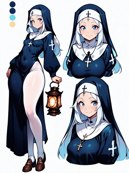 highres, hi res, best quality, masterpiece, intricate details, absurdres, 4k,, CharacterDesignIllustrious, reference sheet, simple white background, color guide, (3 views, multiple views), (full body:1), dynamic pose,
1girl, nun, white long hair, blue eyes, big breast, lantern, leaning forward, cute pose, small breasts, thick thighs, smile, looking at viewer, cute, sexy,
<lora:CharacterDesignIllustrious_Concept-10V2:1>,