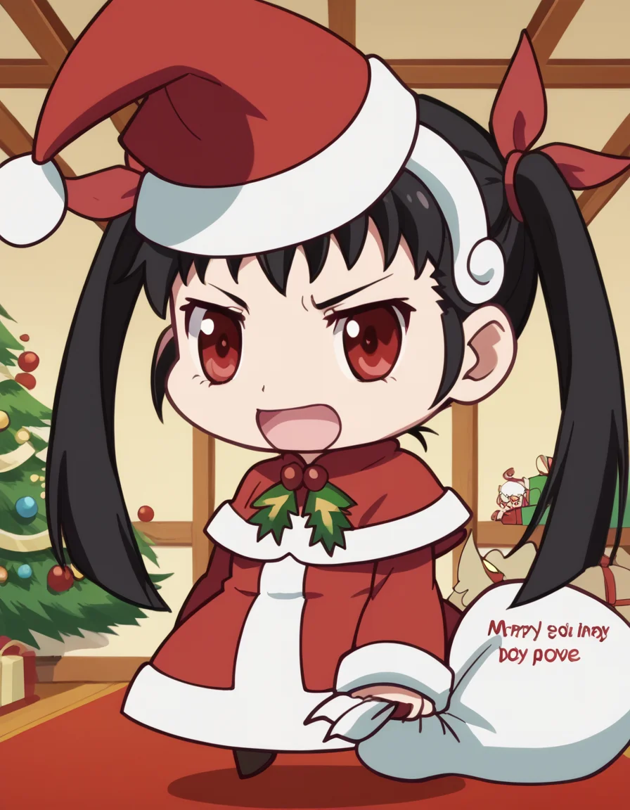 score_9, score_8_up, score_7_up, source_anime, <lora:mayoi-hachikuji-offmonster-ponyxl-lora-nochekaiser:1>, mayoi hachikuji, long hair, black hair, red eyes, ribbon, twintails, hair ribbon, hairband, anime screencap, <lora:padoru-ponyxl-lora-nochekaiser:1>, padoru, padoru (meme), holding sack, sack, santa hat, meme, christmas, open mouth, chibi, red capelet, santa dress, capelet, fur-trimmed headwear,, , dutch angle, cowboy shot