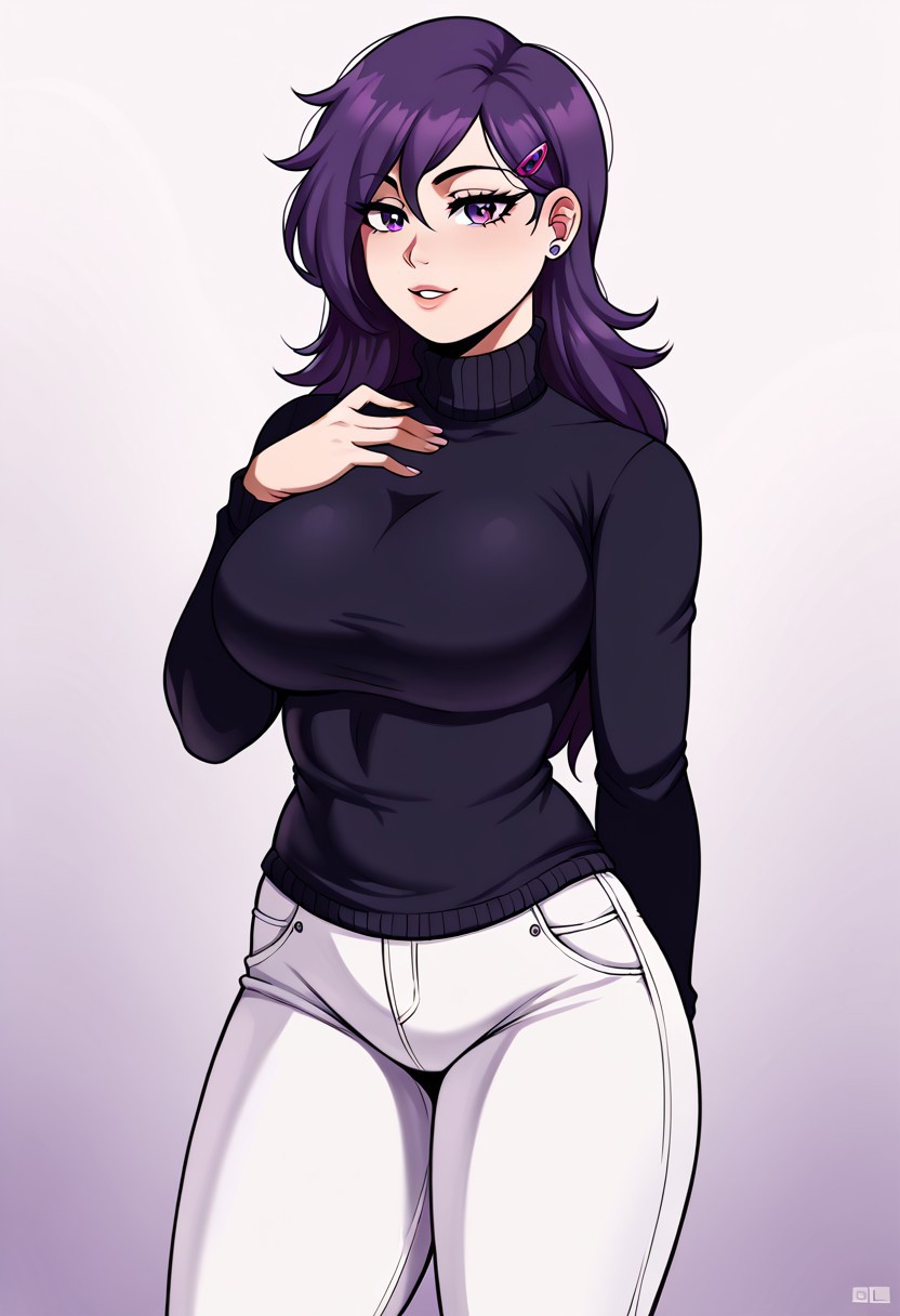 score_9,score_8_up,score_7_up,score_6_up, <lora:Lunas-JLullaby-SDXL-A3:1>,  4k, 8k, masterpiece, jlullaby, 1 girl, solo, detailed eyes, detailed face, detailed hair, beautiful eyes, big breasts:1.6, thighs, curvy, thick thighs:1.5, ddlcyuri, hair ornament, hairclip, long hair, purple eyes, dark purple hair, white knee-high socks with a grey stripe. Her long, deep violet hair is still straight but now with a few strands hanging over her face. messy hair, standing, hand up, hand on chest, A sleek, fitted jacket with a high collar and subtle details like embroidery or studs. Choose a pair of fitted, high-waisted trousers. Dark colors or plaid patterns can add to the elegance and edge. form-fitting, long-sleeve blouse or turtleneck underneath the jacket.