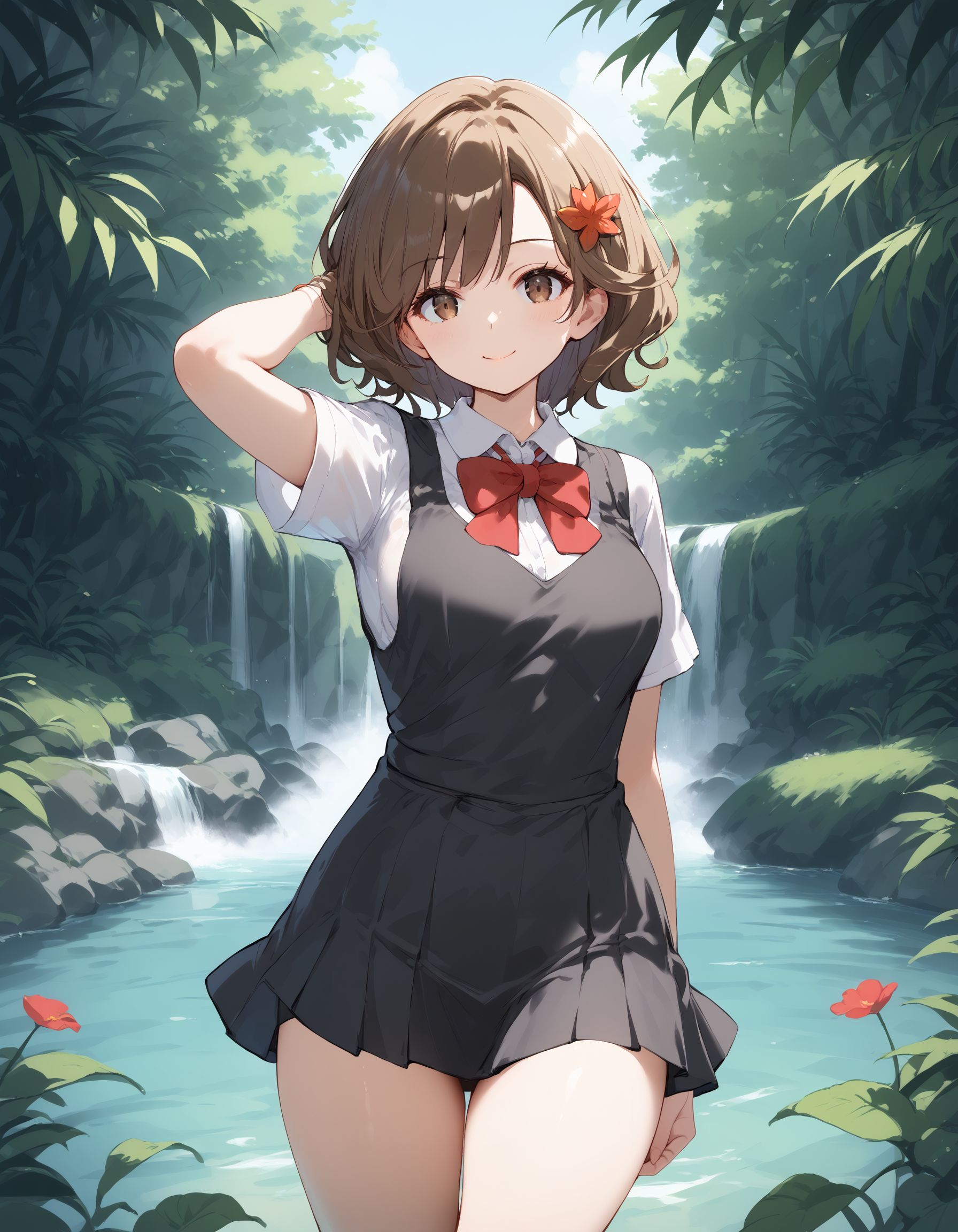 score_9, score_8_up, score_7_up, score_6_up, BREAK source_anime, best quality, masterpiece
1girl,<lora:lass hgssPonyXL:0.8>,lass hgss,brown eyes,leaf hair ornament,bowtie,black pinafore dress,white shirt,cowboy shot,smile,looking at viewer,thighs