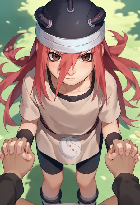 score_9, score_8_up, score_7_up, source_anime, <lora:Tayuya-000012:1> tayuya, red hair, long hair, brown eyes, tan tunic, arm warmers, black headwear, black shorts, outdoors, holding hands, pov,