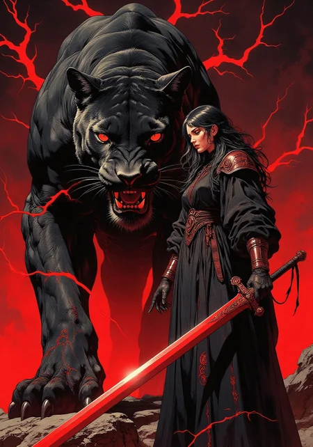 A digital drawing in a stylized, semi-realistic art style features an adult woman and a large, imposing black panther. The woman, standing on the right side, has long, flowing black hair cascading down her back. She is dressed in a long, black, flowing robe with intricate red patterns, and she wears black gloves with subtle red details. In her right hand, she holds a long, red, ornate sword, its sharp edge gleaming against the dark tones. The black panther, positioned on the left, dominates the scene with its massive size and intense presence. Its sleek black fur absorbs the surrounding light, while its eyes glow a vivid red, exuding a menacing aura. The panther’s mouth is slightly open, revealing sharp fangs as it snarls, tension crackling between the two figures. The background is deep red, casting an eerie glow over the scene, with subtle red elements woven into the woman’s clothing and the environment, creating a striking contrast against the overwhelming black theme. The ground is shrouded in darkness, its details obscured by shadows, enhancing the mysterious and dramatic atmosphere.