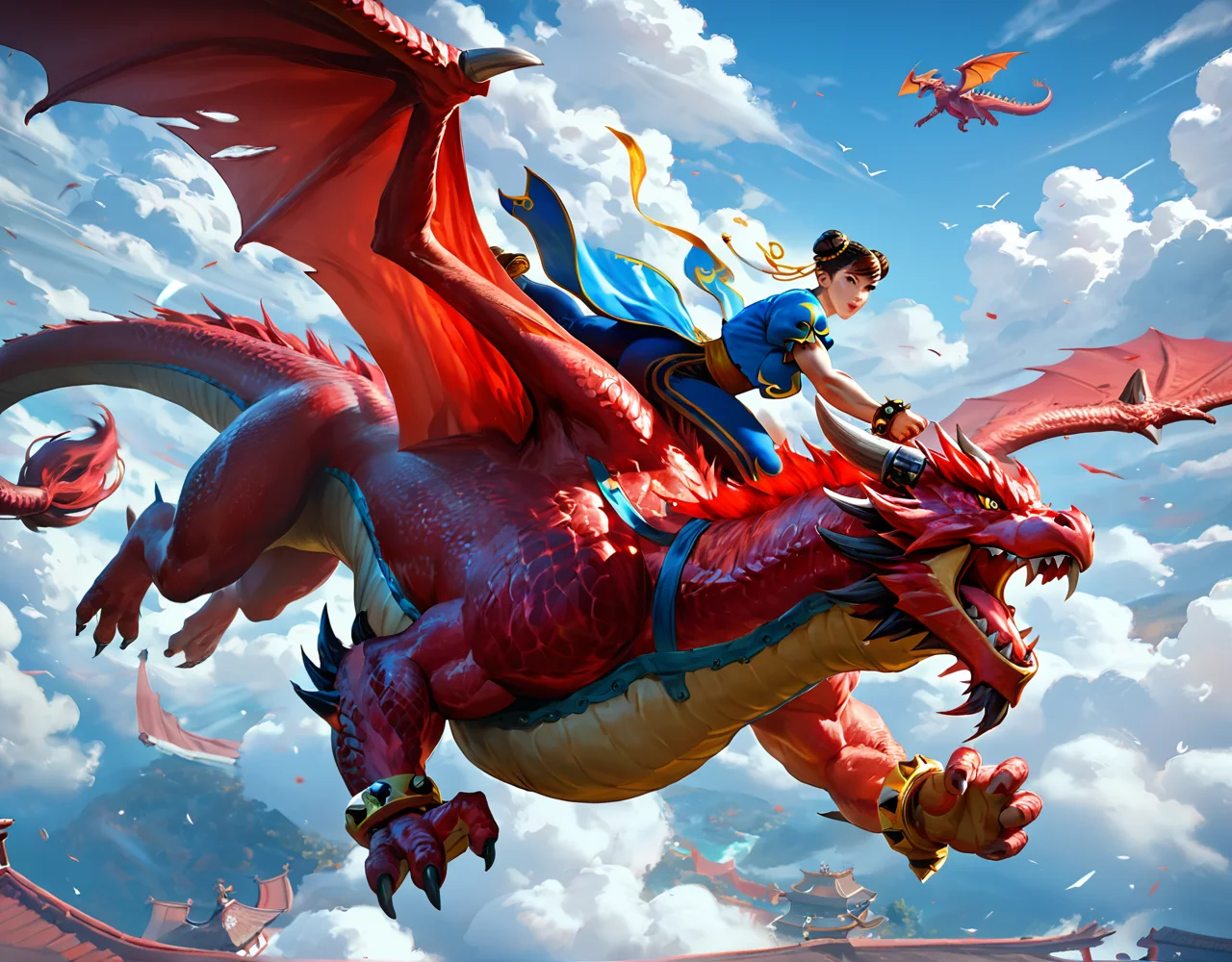 score_9, score_8_up, score_7_up, Chun-li riding a huge red dragon, sky, flying, <lora:dragonriderpxl:0.6>, dragonriderpxl, motion, action shot, best quality, masterpiece, above the clouds, double bun, street fighter, Chinese dragon, 1girl, 1dragon