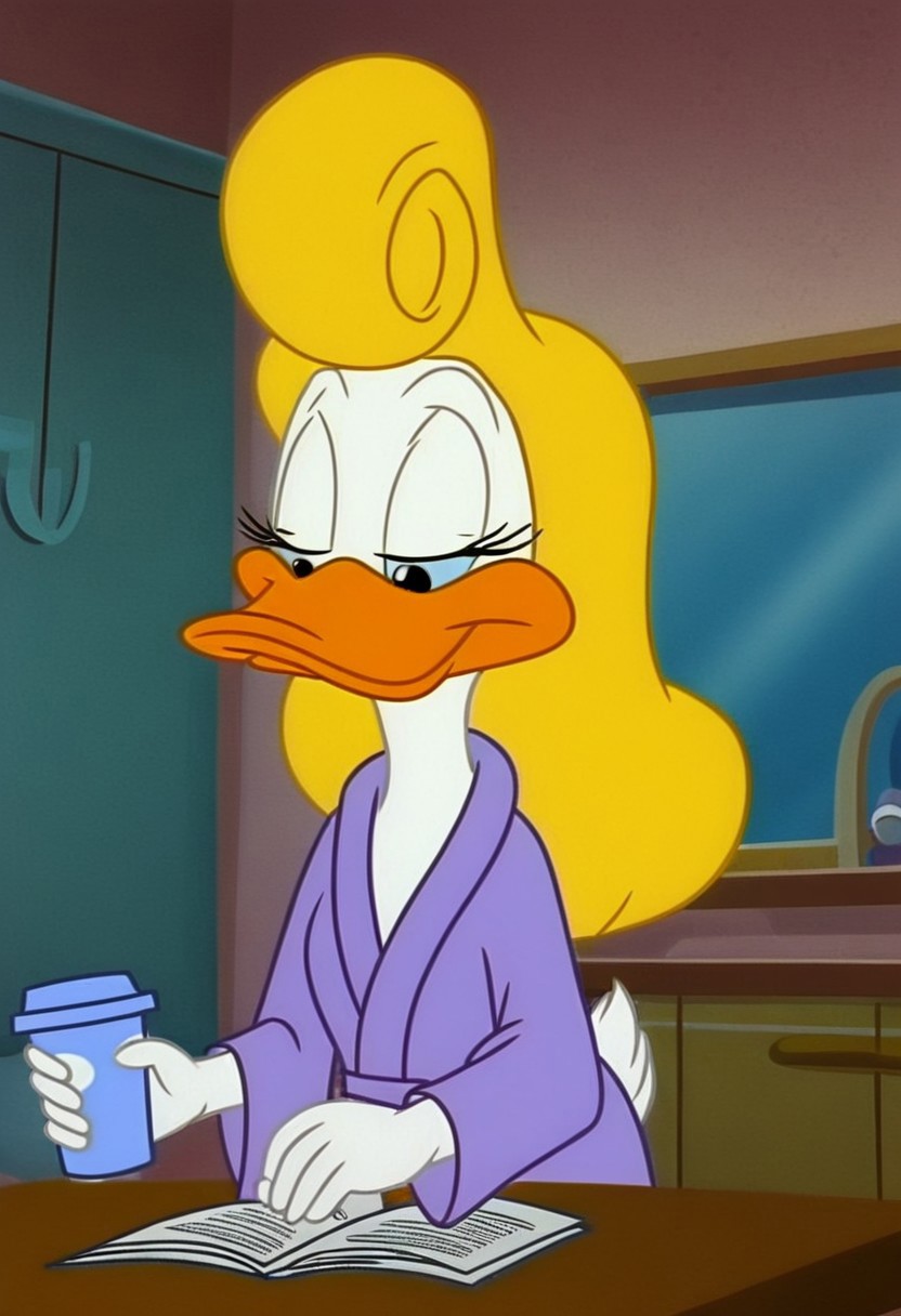 Upper body focus, 1girl, solo,white fur, duck, orange legs, blonde hair, Shirley_loon, wear only bathrobe, one hand holding a cup of coffee, sleepy eyes, looking down, mouth closed, sitting at table, reading newspaper, 
Kitchen background,  early morning, sun rise,
perfect hands, masterpiece, show accurate, perfect anatomy,