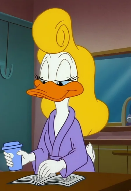 Upper body focus, 1girl, solo,white fur, duck, orange legs, blonde hair, Shirley_loon, wear only bathrobe, one hand holding a cup of coffee, sleepy eyes, looking down, mouth closed, sitting at table, reading newspaper,
Kitchen background, early morning, sun rise,
perfect hands, masterpiece, show accurate, perfect anatomy,