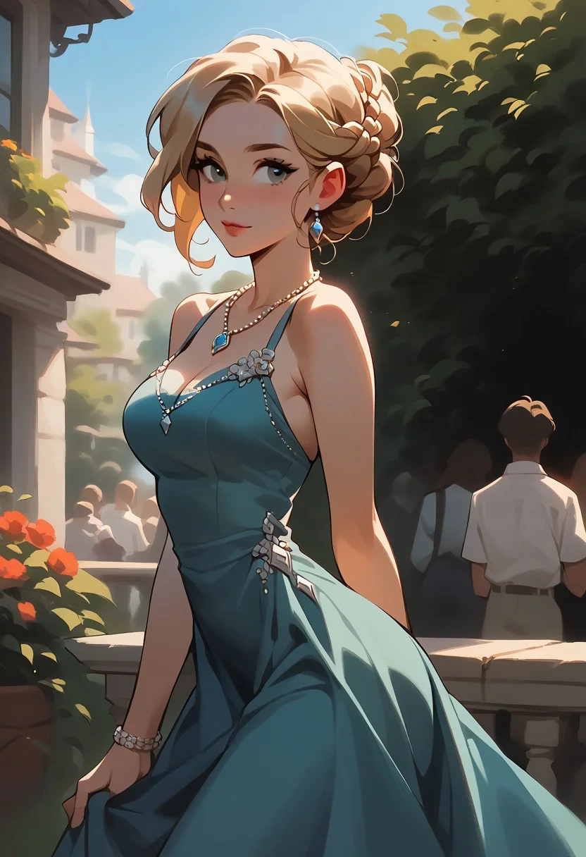 score_9, score_8_up, score_7_up, score_6_up, 1girl, <lora:bg4XLP:0.8> bg4, French braid, drindl dress, necklace, large boobs, pendant, round butt