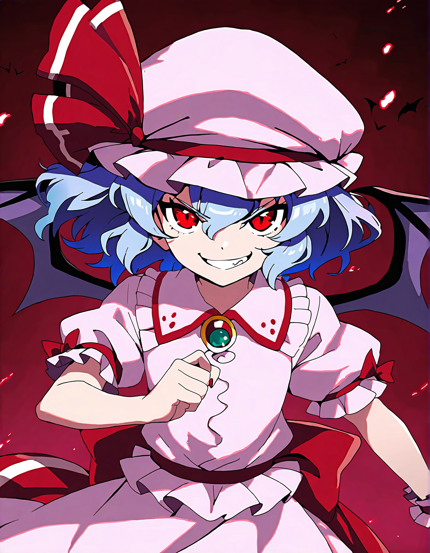 memoriesofphantasm, 1girl, remilia scarlet, solo, hat, red eyes, blue hair, smile, sensitive, anime coloring, short hair, grin, wings, ribbon, bat wings, mob cap, dress, jewelry, hat ribbon, bow, short sleeves
very awa, masterpiece, best quality, year 2024, newest, highres, absurdres, <lora:memories-of-phantasm-style-noobai-vpred10-timestep-dynamic:1>