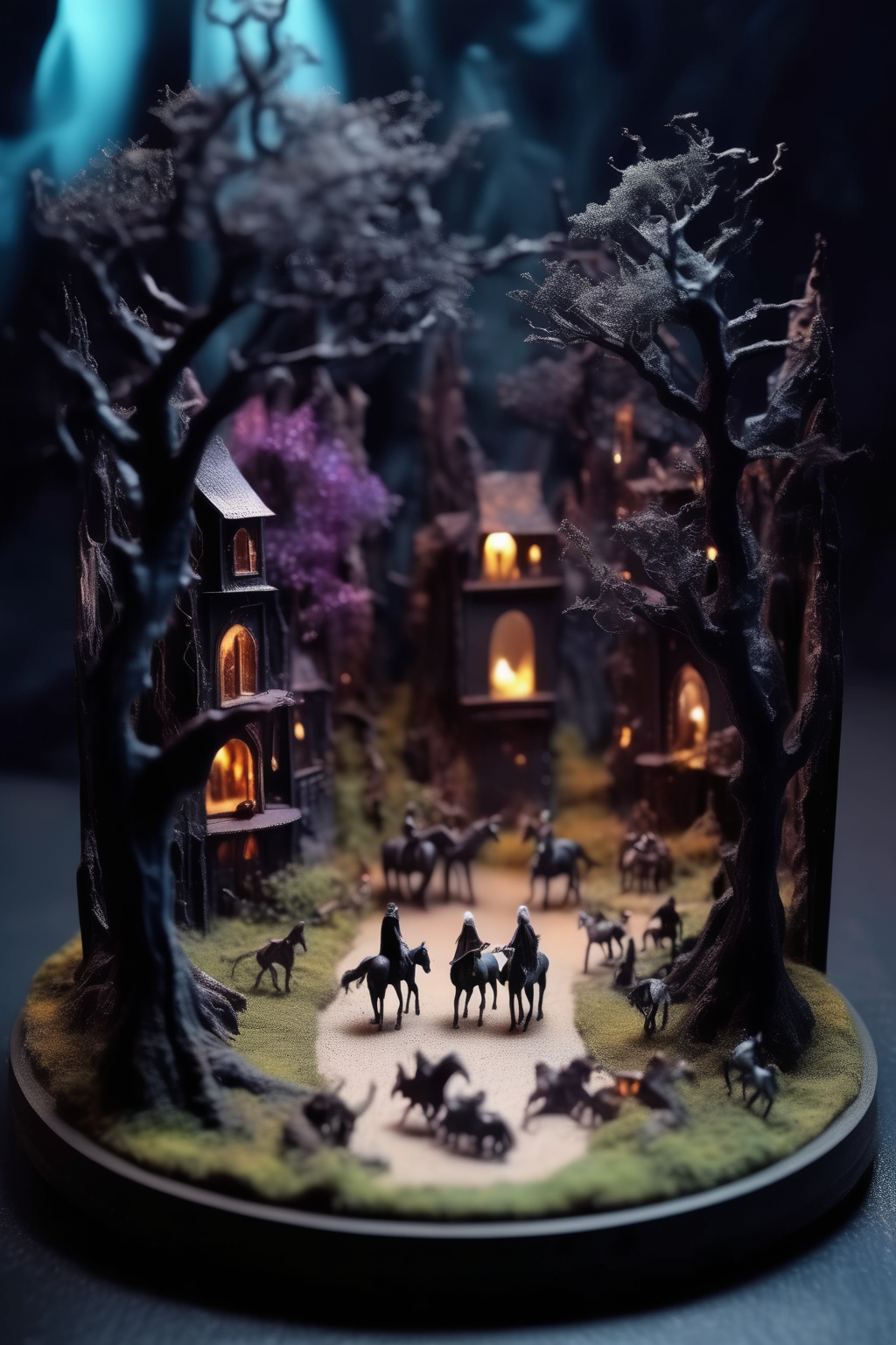 <lora:Diorama:1>Diorama - miniature diorama of a High fantasy world. Should contain horses witches and wood. The background should have a mirror reflecting the scene endlessly. Dark and gloomy and magical atmosphere