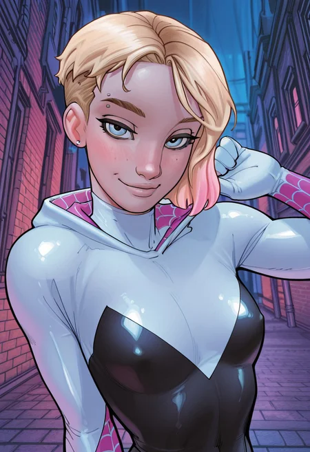 glbmelk, western comic art style, masterpiece, best quality, aesthetically pleasing, ultra-detailed, absurbres, highres, high quality, detailed eyes, detailed sharp lineart, shiny skin, 8k, sharp focus, beautiful, perfect lighting, beautiful eyes, anatomically correct, anatomically correct face, female focus, dynamic angle, 1girl, gwenstacyILL , eyebrow piercing, short hair, blonde hair, soft freckles, bodysuit, hood down, hooded bodysuit, hooded, superhero, skintight bodysuit, spider web print, blonde hair, eyebrow piercing, short hair, blonde hair, asymmetrical hair, undercut, freckles, jewelry, earrings, multicolored hair, pink highlights, cute, small breasts, narrow waist, looking at viewer, portrait, close up, smile, slight blush, parted lips, removing hood, dynamic pose, new york alley, brick building, wires, night,
<lora:GlebMelkinov_Artstyle_Illustrious-000005:1>