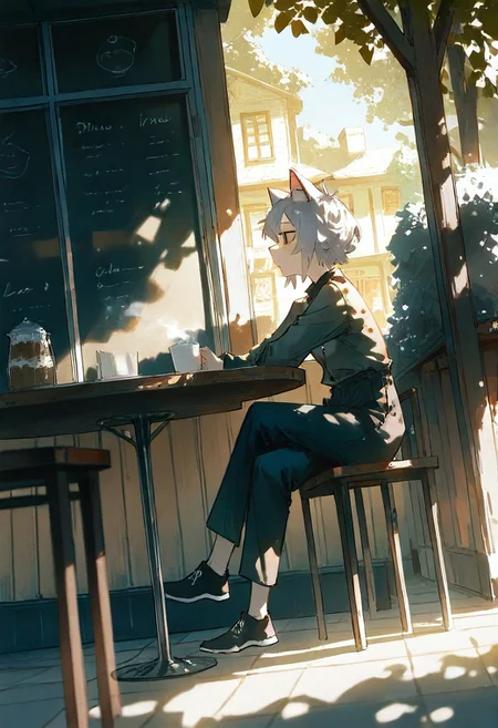 (dino \(dinoartforame\):1.2), (konya karasue:1.2),  newest, very awa, masterpiece, highres, absurdres, year 2024, year 2023,
1girl, cat girl, scenery, wide shot, outdoors, full body shot, dynamic pose, cafe, sitting, holding cup, steam from cup, looking afar, thinking, day, sunlight, perspective, dutch angle, long shot, depth of field, crossed legs, 
<lora:auriflora-noobai-xl:0.75> <lora:ponyv6_vpred6:0.3> <lora:USNR STYLE_XL_lokr:0.3> usnr,