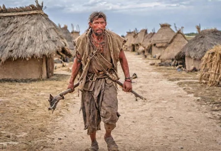 photograph,a neolithic hunter on the street of neolithic settlement, village,  high quality photography, 4k, Canon EOS R3, hdr, smooth, sharp focus, high resolution, award winning photo,
