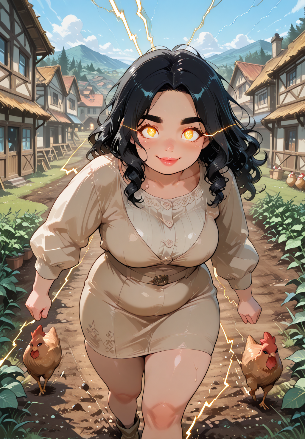 IllusP0s, PonyScores7, source_anime, ah1, IllustriousQual, interesting, exciting, spectacular, wonderful, amazing quality, absolutely eye-catching, very awa,
BREAK <lora:xl_more_art-full_v1:0.2>, <lora:aesthetic_anime_v1s:0.2>, <lora:detailxl:0.2>, detailxl, amazing quality, best aesthetic, absurdres, illustration, Volumetric_Lighting, ultra-detailed, very aesthetic, intricate details, best_quality, lazympos, <lora:Add_Details_v1.2:0.4>, <lora:quality_modifiers_masterpieces_v1:0.2>, anime style, <lora:HDA_Detailer:0.3>, <lora:natsumi_style:0.2>, <lora:by_usakun-pony:0.2>, by usakun, <lora:Akina_Bbw_Style_-_PonyXL:0.2>, AkinBw,
BREAK (((<lora:superspeed running [IL]:0.8>, superspeed, running, electricity, motion blur, light trail, glowing eyes, eye trail))), dynamic pose,
BREAK 1girl, mature female, (curvy), round-chin, caucasian, <lora:ETO_OC_Illustrius:0.5>, eto_oc, skindentation, (plump), thick thighs, wide hips, busty, voluptuous, round ass, large breasts, tanlines, <lora:plussizegirls_IL:0.3>, <lora:plussizegirls_pony:0.3>, <lora:shinyskin2:0.2>, glistening skin, HDA_FatGirlXL, <lora:perfection style:0.2>, perfection style, perfection, 
BREAK ((beige button-up dress with a belted waist paired with espadrilles)),
BREAK (curly hair), long hair, (black hair:1.4), (parted hair:1.7), messy hair, kinky curls, detailed hair, <lora:hairdetailpxl:0.2>, hairdetailpxl,
BREAK (half green and brown eyes), (colorful eyes), (multicolored eyes), (downturned eyes:1.4), expressive eyes, perfect eyes, eyes hd, detailed eyes, (round face:1.2), (thick eyebrows:1.3), (plump face), lips, <lora:Round_face:0.2>,
BREAK (((Pleased, Feeling or showing satisfaction or happiness expression))), Expressive, emotional, looking at viewer, Face Detailed, <lora:Expressive_H:0.2>, Expressiveh, <lora:Emotional_Anime_Expressions_PonyXL_Concept:0.2>, <lora:Best_Facial_Expression_LoRA_PONY:0.2>, looking at viewer, <lora:Detailed expressive EXEV style -XL Pony V1.0:0.2>, FaceDetail, <lora:Best_Facial_Expression_Helper_XTREME_ILLU:0.4>, kaogei,
BREAK (((riverside Village, Quaint village with thatched-roof cottages, vegetable gardens, chickens pecking in the dirt, the aroma of home-cooked meals drifting from open windows))), (((Multiple Exposure shot))), 4k, 8k, Ultra HD, Masterpiece, Best quality, Detailed background, foreshortening, extreme perspective, full_details, <lora:AddMicroDetails_Illustrious_v4:0.3>, addmicrodetails,