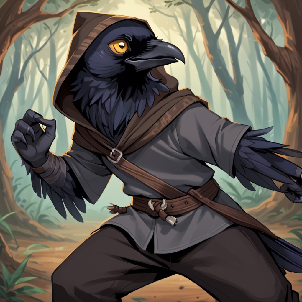 (((detailed, beautiful, high quality))), score_9, score_8_up, score_7_up, ((solo)), dynamic pose, fighting pose,
kenku, anthro bird, anthro crow, plumage,
1 boy, male focus, yellow eyes, brown capulet with hood, grey shirt,
looking at viewer, looking to the right, posing,
fantasy background, blurred background, forest background,