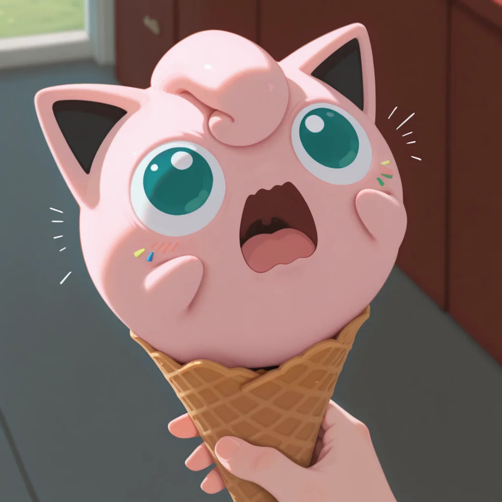 embedding:IllusP0s, g00se, jigglypuff_\(pokemon\),animal focus, cute, no humans, close-up, holding, icecream cone, sprinkles, wavy mouth, screaming, intense, effort,<lora:g00se_v2_ill.safetensors:0.9:0.9>